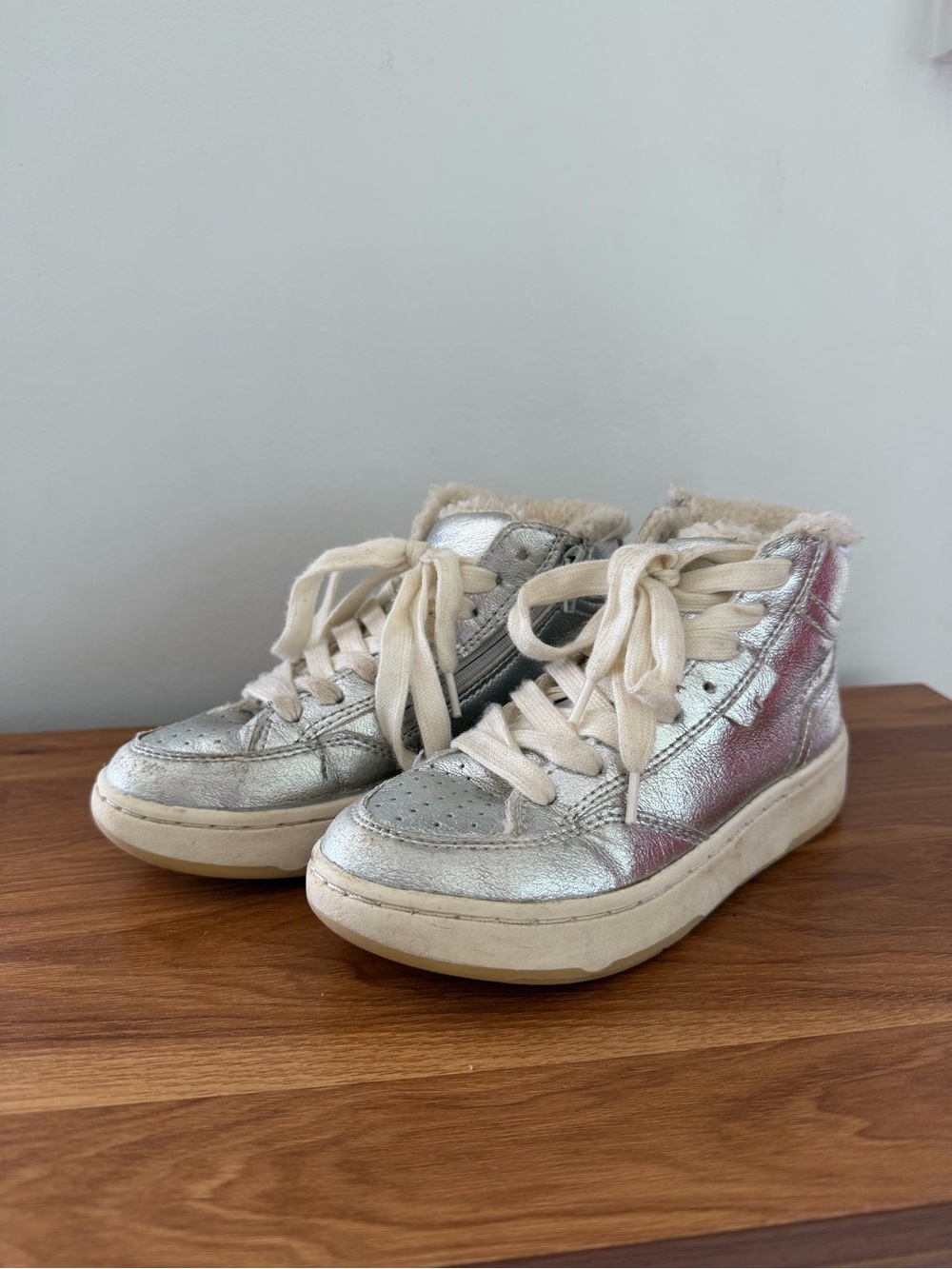 Zara Kids Metallic Silver High-Top Sneakers with Cream Laces